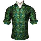 Luxury Shirts Men's Long Sleeve Silk Green Flower Slim Fit Tops Casual Button Down Collar Bloues Breathable Barry Wang MartLion   