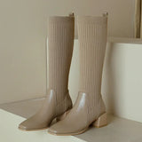 Autumn Winter Knitted Long Boots Women Knee High Socks Shoes Slip on High Heels Retro Elastic MartLion Apricot 36 