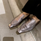 Spring Genuine Leather Square Toe Women Shoes Casual Loafers Silvery Slip-on Pumps MartLion   