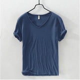 Men's T Shirt Pure Color V Collar Short Sleeved Tops Tees 10colors slim Fitness Clothes MartLion Denim blue EU S 50-60kg 