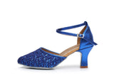 Sequined Latin Dance Shoes Women Adult Middle-heeled High-heeled Summer Beginners Children Soft-soled Pointy-toed MartLion 1802-6 blue 7cm 34 