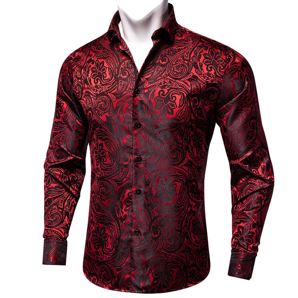 Red Floral Paisely Luxury Shirts Men's Club Wear Silk Shirt Long Sleeve Singal Breasted Spring Fall Tops MartLion   