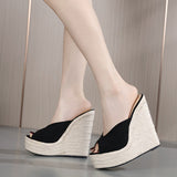 Liyke Platform Wedges Slippers Summer Peep Toe 14CM Heels Shoes Woman Super High Mules Female Sandals Black Mart Lion   