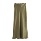 Women's Flowing Satin Midi Skirt Women Vintage Elastic  Waist Flared Street Skirt MartLion   