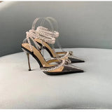 Clear Plexiglass Women Sandals Crystal Pearls Ankle Strap High heels Gladiator Spring Summer Party Prom Shoes MartLion   