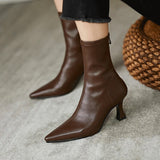 Brown Ankle Boots Women High Heel Fall Winter Leather Temperament Tip Elastic Shoes Mart Lion   