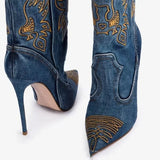 Retro Embroidered Western Boots Women's British Style Denim Pointed Short V-shaped Sleeve MartLion   