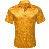 Luxury Summer Shirts Men's Short Sleeve Cool Silk Satin Orange Leaves Slim Fit Tops Casual Breathable Barry Wang MartLion   