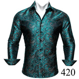 Designer Blue Silk Paisley Shirts Men's Lapel Woven Long Sleeve Embroidered Four Seasons Exquisite Fit Party Wedding MartLion   