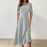 Women Dress Casual Print Mid-Calf Dresses V-Neck Short Sleeves Frocks Robes MartLion Gray S CHINA