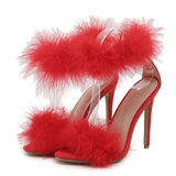 Liyke Summer Faux Fur Ankle Strap Sandals Women Open Toe Fluffy Feather High Heels Party Dress Shoes De Mujer Mart Lion Red 35 