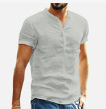 Men's Standing Collar Cotton Linen Short Sleeved Shirt Designer Clothes Popular Tops Mart Lion   
