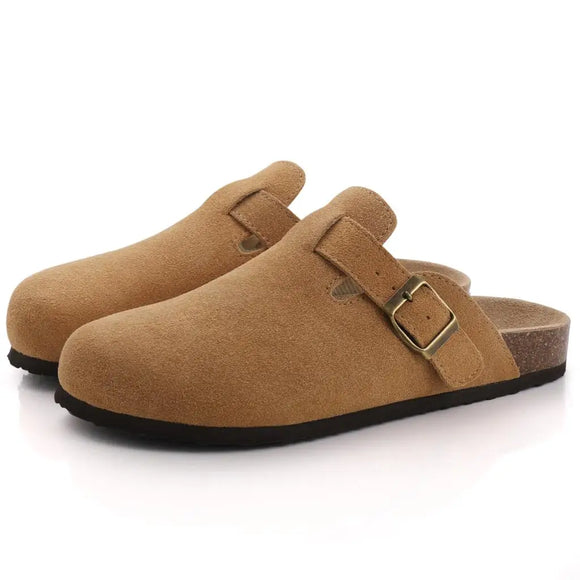 Shevalues Cork House Slippers Women Unisex Home Clogs And Mules Comfort Slip-on Potato Shoes Couple Outdoor Beach MartLion Suede Brown 36(fit 22cm) 