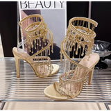 Runway style Bling Crystal Tassels Snake Coiled Women Sandals Stiletto High heels Summer Party Prom Shoes MartLion   