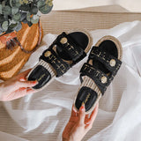 Spring Summer Thick Sole Grass Woven Fisherman's Shoes Flat Bottom Sandals Versatile Roman MartLion Black 39 