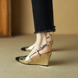 Spring Women Sandals Genuine Leather Shoes Pointed Toe Wedges Heels Ladies Golden Sliver MartLion   