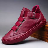 Men's Leather Shoes Korean Trend Loafer British High Top Sneakers Moccasins Mart Lion Wine red 38 