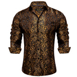 Gold Paisley Silk Shirts Men's Long Sleeve Luxury Tuxedo Wedding Party Clothing MartLion   