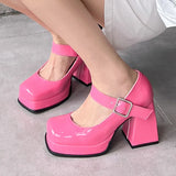 Pink Black Red Heeled Women Pumps Mary Janes Shoes Square Toe White High Heels Working Party Dance MartLion   