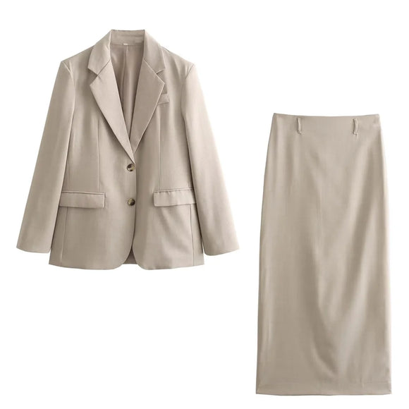 Spring Summer Women's French Straight Cut Suit Coat Top Blended Straight Skirt Casual Set MartLion khaki 1 XS 