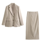 Spring Summer Women's French Straight Cut Suit Coat Top Blended Straight Skirt Casual Set MartLion khaki 1 XS 