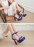 Liyke 14.5CM Strange High Heels Chunky Sandals Ladies Platform Square Toe Ankle-Wrap Zip Stripper Shoes Women Blue Mart Lion   