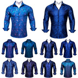 Luxury Blue Shirts Men's Silk Embroidered Paisley Flower Long Sleeve Slim FIT Blouses Casual Tops Lapel Cloth Barry Wang MartLion   