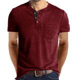 Summer Henley Collar T-Shirts Men's Short Sleeve Casual Tops Tee Solid Cotton Mart Lion red S 60-70kg 