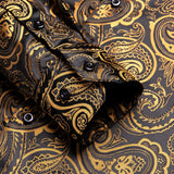 Hi-Tie Silk Men's Shirts Black Gold Long Sleeve Slim Fit Paisley Lapel Brooch Shirt Wedding Party Gift Designer MartLion   