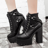 Black Boots Women Heel Spring Autumn Lace-up Soft Leather Platform Shoes Party Ankle High Heels Punk Mart Lion   