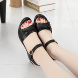 Genuine Leather Mother Sandals Summer Large Black Women Shoes Buckle Summer MartLion   