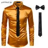 Black Men's Silk Dress Shirts 3Pcs(Shirt +Tie+Bowtie) Smooth Satin Slim Fit Party Prom Casual Social Camisa Mart Lion glod black USA S 