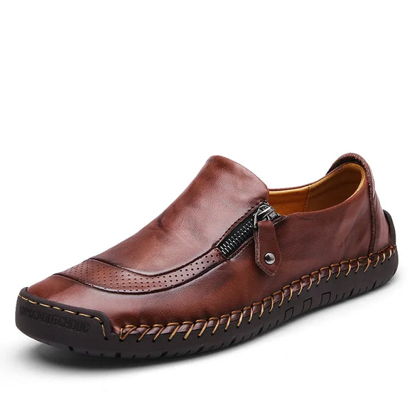 Classic Men's Casual Shoes Genuine Leather Breathable Flats Moccasins Loafers Zipper Driving MartLion Brown 38 