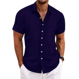Cross-border men's linen striped jacquard casual loose short-sleeved shirt MartLion Navy blue XXL 