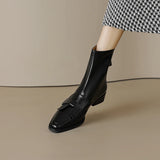 Winter Genuine Leather Low-heeled Women's Boots Retro Short Square Toe Leather Shoes MartLion   