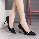 Crystal Stiletto Heels Pumps Women Black White Pu Leather High Heels Shoes Pointed Toe Party MartLion   