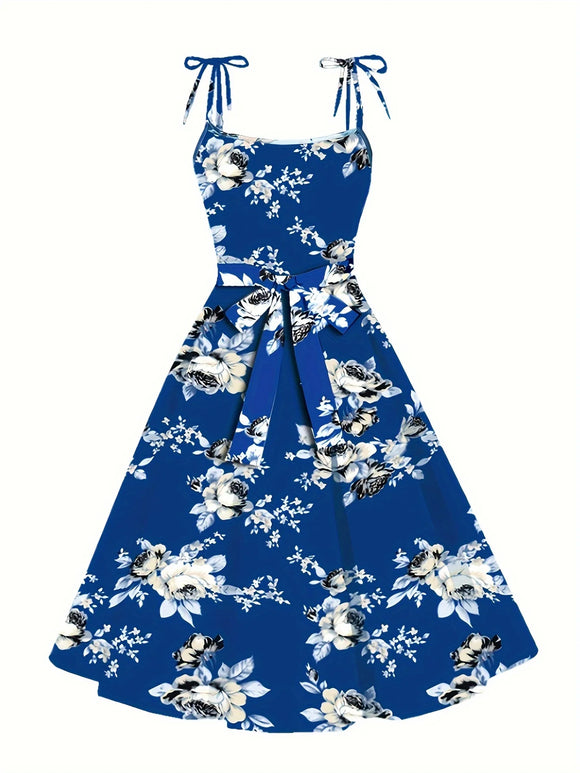 Summer women's plant printed dresses with woven frock MartLion Blue 1XL 