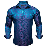 Luxury Shirts Men's Silk Embroidered Blue Paisley Flower Long Sleeve Slim Fit Blouses Casual Tops Lapel Cloth Barry Wang MartLion 0464 S 