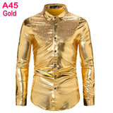 Silver Metallic Sequins Glitter Shirt Men's Disco Party Halloween Chemise Homme Stage Performance Shirt MartLion A45 Gold US Size S 