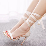 Fish Mouth High Heel Strap Sandals Beautiful Ribbon Silk Fabric High Heel Women's Shoes Banquet Wedding Dress MartLion   