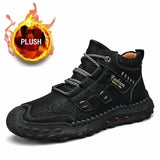 Microfiber Leather Men's Boots Outdoor Sports Non-slip High-top Hiking Shoes Optional Plush Winter MartLion Black(plush) 38(24.0CM) 