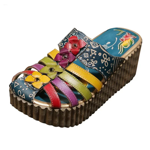 Summer Hollow Handmade Shoes Women Slides Genuine Leather Cover Toes Flower Women's Platform Wedges Slippers MartLion Blue 36 