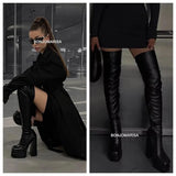 Bonjomarisa Women Thigh High Boots Double Platform Block High Heels Over The Knee Boots Zip Long Shoes MartLion   