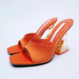 Summer Women's High Heels Sandals Orange Silk Transparent Shoes Open Toe Slippers Female Mart Lion   