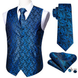 Rose Red Men's Wedding Suit Vest Blue Floral Jacquard Folral Silk Waistcoat Vests Handkerchief Tie Vest Suit Set Barry Wang Design Mart Lion BM-2519 L 