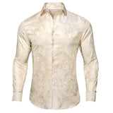 Hi-Tie Blue Men's Shirts Paisley Floral Silk Gold Long Sleeve Casual Shirts Party Wedding Dress MartLion CY-1030 S 