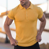 Summer Men's Sports Fitness Leisure Stretch Vertical Short Sleeve Shirt Plain Shirt Golf Wear Mart Lion Yellow S 