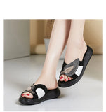 4cm Synthetic Rhinestone Bling Genuine Leather Breathable Summer Chunky Slippers High Platform Wedge Casual Shoes MartLion   