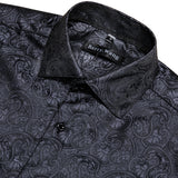 Barry Wang Luxury Black Paisley Silk Shirts Men's Long Sleeve Casual Flower Silver Shirts Designer Fit Dress MartLion   