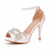 Women Wedding Shoes Bride Sandals White Rhinestones Silver Platform Dress Thin High Heels Ladies Pumps MartLion 10cm 1 34 